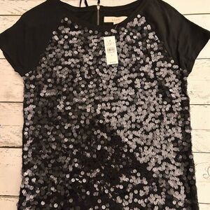 LOFT Sz S Black and Silver Sequin Short Sleeve Top